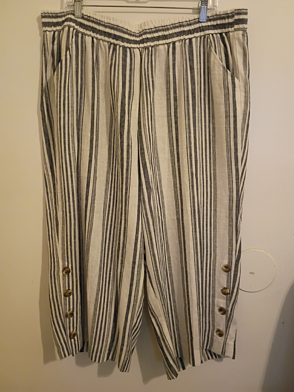 Land N Sea Cream Navy Striped Cropped Wide‎ Leg Pants Linen Blend Sz 2X